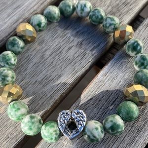 Green Jasper and heart angel wings bracelet